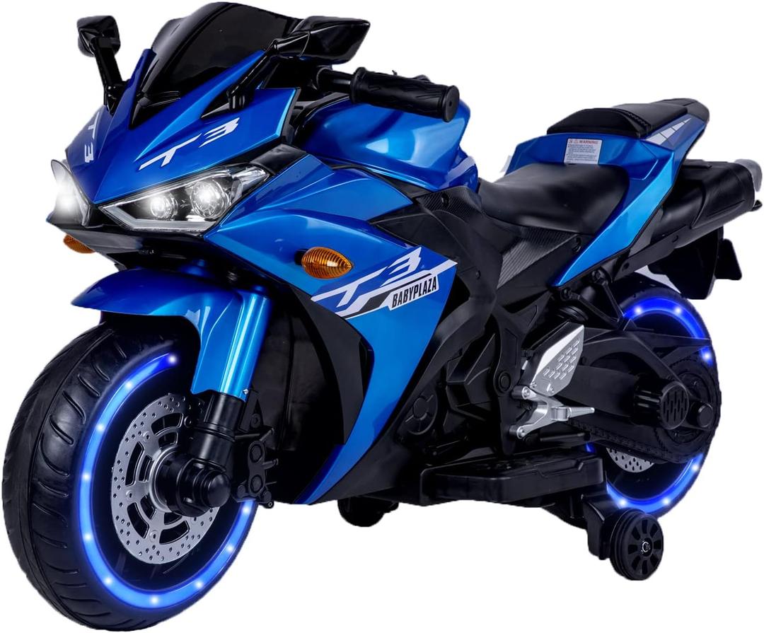 12V Kids Electric Motorcycle, Electric Motorcycle Ride On Toy w/Training Wheels, Spring Suspension, LED Lights, Sounds & Music, MP3, Battery Powered Dirt Bike for Boys & Girls 