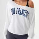 Remidoo Womens Off The Shoulder Tops Letter Graphic Oversized Tshirts Long Sleeve Shirt White Medium (White, M)