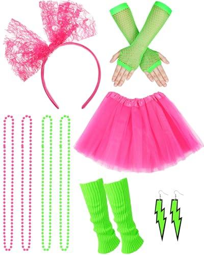 Tatuo 80s Fancy Women Tutu Skirt Accessories Costume Party Outfit Carnival Leg Warmers Headband Gloves Earrings Necklace(Rose Red, Fluorescence Green),4-6 Y