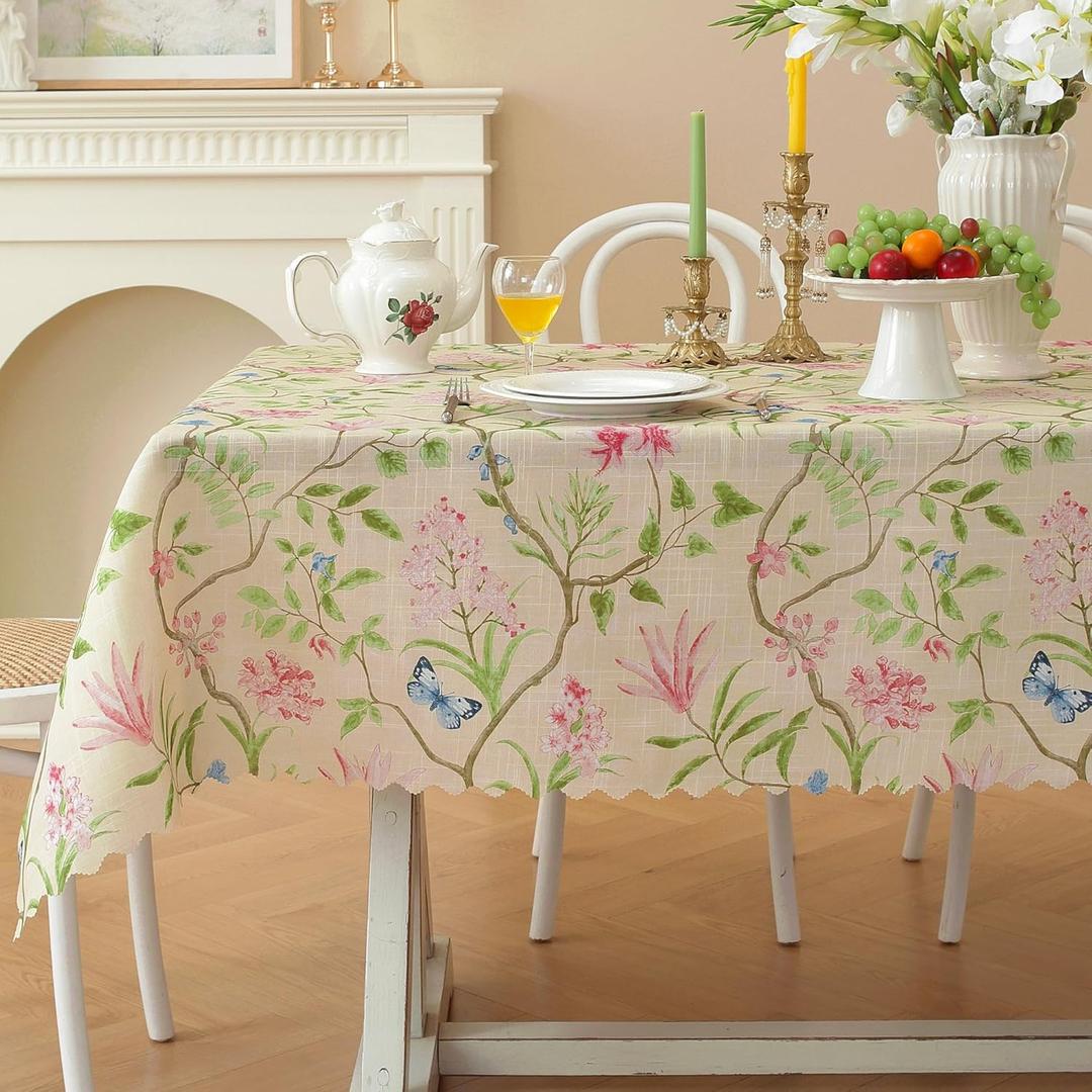 Rectangle Waterproof Tablecloth Linen Textured Table Cloth,Stain and Wrinkle Resistant Washable Fabric Table Cover for Dining, Party, Camping and Outdoor, 54 x 54 Inch, Pink Flower