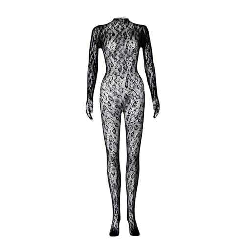 Leopard Lace Jumpsuits Fish Net One Piece Body Suit Rave Outfits for Women Ladies Night Out (Black, One Size)
