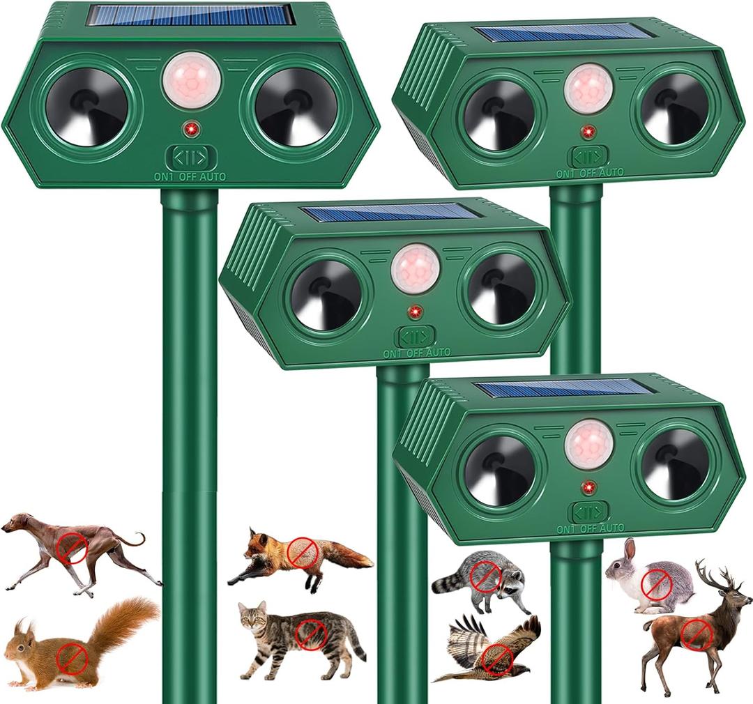 2026 Upgraded Ultrasonic Solar Animal Repellent Deer Repellent Devices Cat Deterrent Outdoor with Motion Sensor Animal Repeller to Raccoon Squirrel Dog Skunk with lP44 Waterproof for Yard Lawn 4 Pack