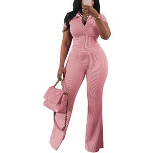 HBQ Women Two Piece Outfit Ribbed Short Sleeve V Neck Polo Top and Flare Pants Casual Lounge Sets Tracksuit (Medium, Pink)