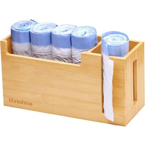 Bamboo Small Trash Bag Dispenser 1.2-4 Gallon, No-Drill Adhesive Wall Mount Mini Garbage Bag Holder, Adjustable Cabinet Door Organizer & Desk Caddy for Home & Office