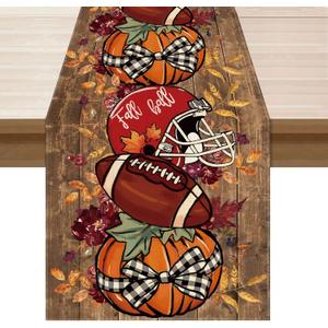XCHI Fall Football Pumpkin Wood Table Runner Table Decoration for Kitchen Dining Dinner Autumn Home Decor 13x90 Inch
