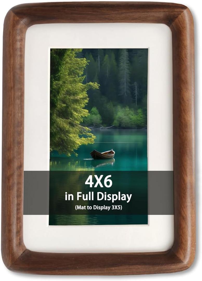 4x6 Natural Dark Walnut Solid Wood Picture Frames, Hand Make Crafted Original Wood Frame with Mat to 3x5,Rounded Edge Wooden Photo Frame, For TableTop and Wall Decoration