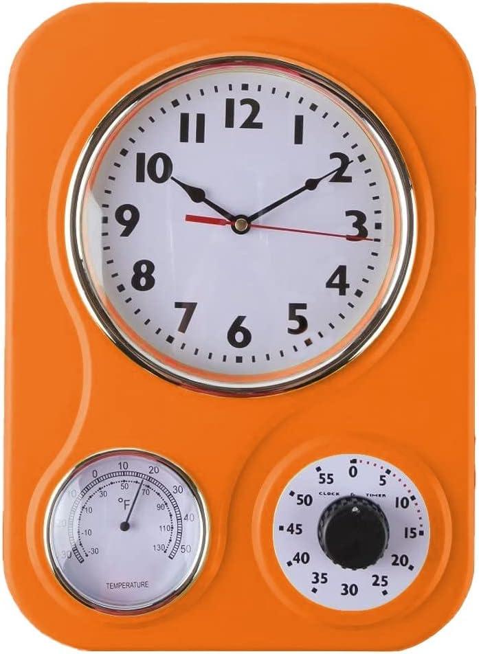 Lily's Home Retro Kitchen Wall Clock, with a Thermometer and 60-Minute Timer, Ideal for Any Kitchen, Orange (9.5 in x 13.3 in)