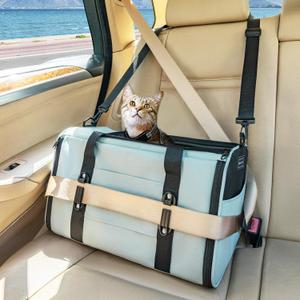 PETSFIT Soft-Sided Cat Carriers & Car Seats with Patent Safe Buckles, Clip-On Harness 18"x11"x11" Airline Approved Pet Carrier - 9 lbs Capacity (Cyan Blue) (Medium)