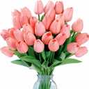 Hotop 40 Pcs Artificial Tulips Flowers 13" Real Lookfake PU Tulips Bouquet Faux Pink Flowers for Mothers Day Decorations Floral Arrangements Spring Dining Table Centerpieces Kitchen Home Indoor