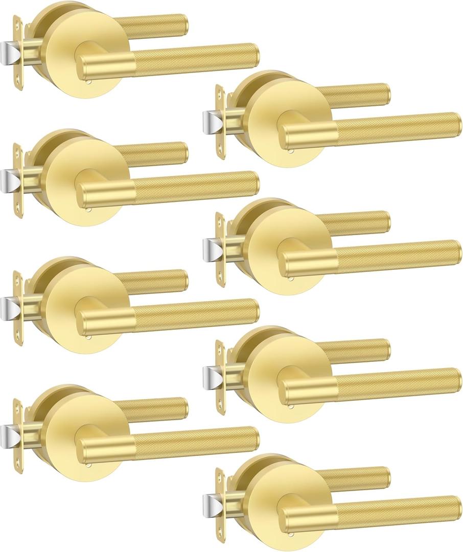 Asidrama 8 Pack Privacy Gold Door Handles, Door Lever with Door Knobs Indoor for Bedroom or Bathroom, Heavy Duty Brushed Gold Door Handles Interior with Locks for Left Right Sided Doors