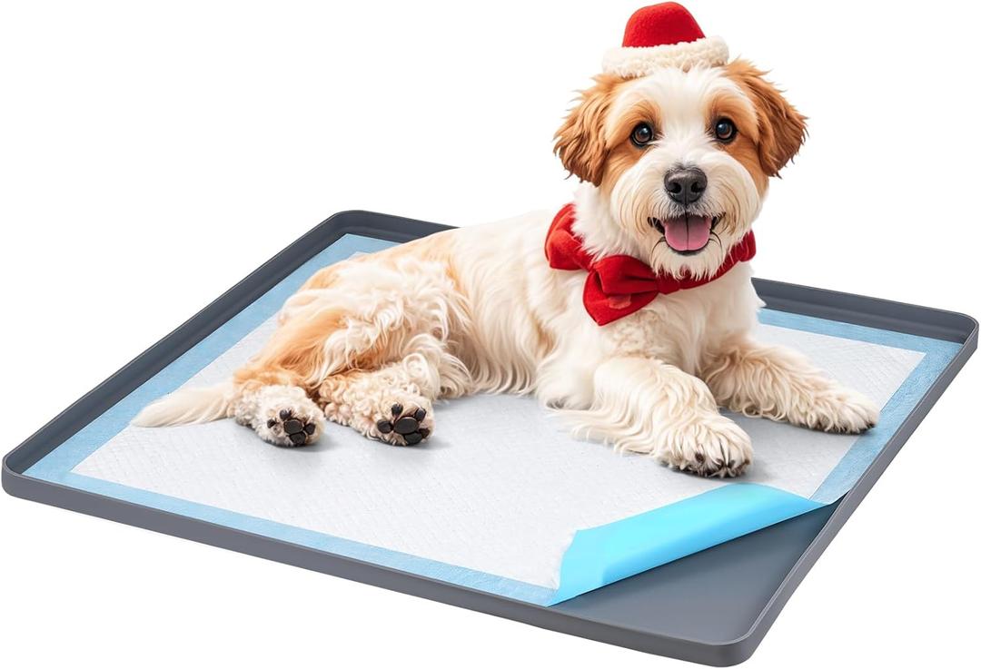 Pee Pad Holder for Dogs, Dog and Puppy Pee Pads Holder, 24"x24" Non-Slip & Leak-Proof & Portable Silicone Mat with Raised Edge Design, Square Puppy Potty Training Tray for Home Floor Protection(Grey) (Gray)