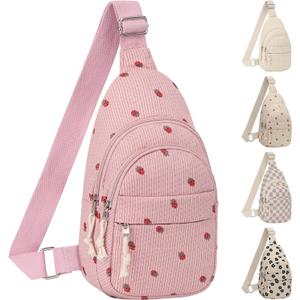 ELONGRIVER Corduroy Small Crossbody Bags for Women Teen Girls Trendy, Cute Sling Bag for Girls Travel Hiking, Pink Strawberry