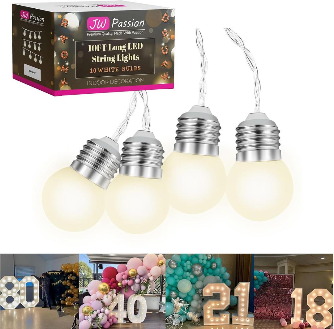 JoyBox Design 10 LED Light Bulbs - Battery Operated G40 String Lighting for Marquee Letters Numbers - Indoor & Outdoor Kids Party and Christmas Decor - Bedroom Decorative Waterproof Warm Lights