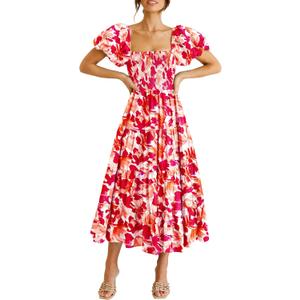 PRETTYGARDEN Women's Casual Summer Midi Dress Puffy Short Sleeve Square Neck Smocked Tiered Ruffle Dresses (S)