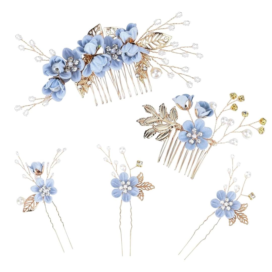 5PCS Bridal Hair Comb, Wedding Headpiece for Bride, Blue Flower Rhinestone Hair Clips For Women Girls Bride Bridesmaids Prom Wedding Party