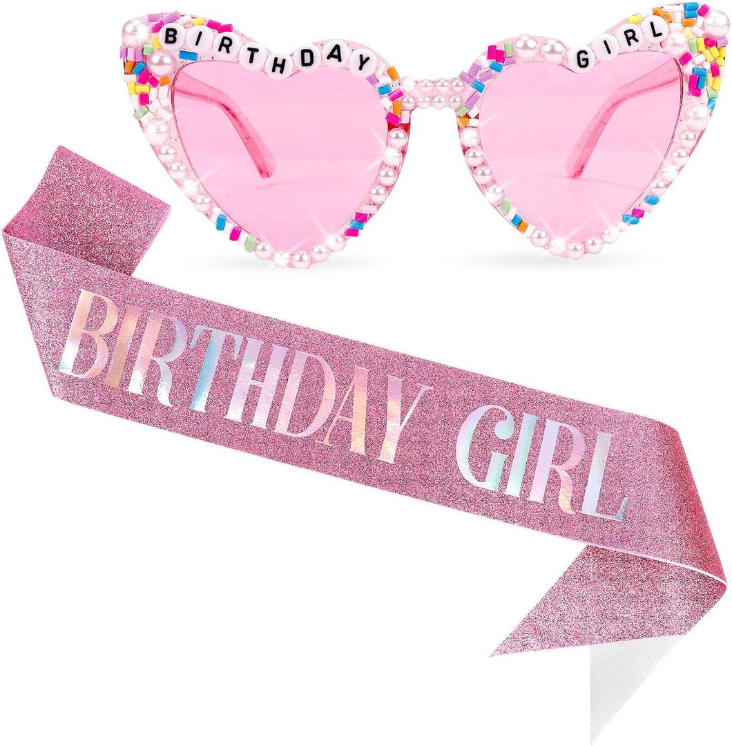 Birthday Girl Sash & Glasses Set, Pink Birthday Sash & Sunglasses, 'BIRTHDAY GIRL' Accessories for Women Girls