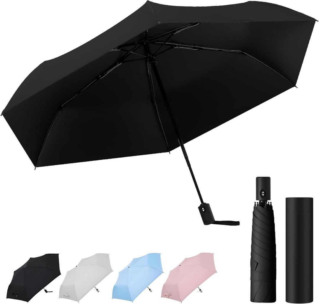Auto Open Close Umbrella - Ultra Light Compact Travel & Backpack Size for Women and Men, UPF 50+ Eco-Friendly Sun Protection & Windproof Rain Umbrella with UV Defense (Black-1)