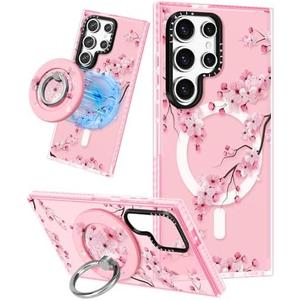 Lotadilo Cute Case for Samsung Galaxy S22 Ultra for Women Girls - Funny Design Compatible with Magsafe Magnetic Ring Holder Kickstand Art Peach Blossom Fashion Pattern TPU Phone Covers