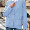 Saodimallsu Women's Chunky Knit Cardigan Button Down Crewneck Long Sleeve Cropped Sweater with Pockets (Blue, L)