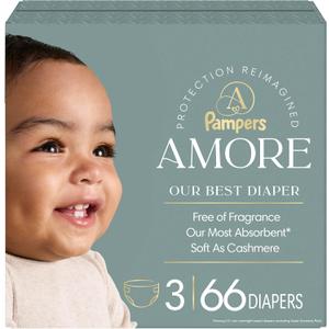 Pampers Amore, Size 3 (13-26 lbs), 66 Count, Our Best Diaper – Hypoallergenic & Fragrance Free, Up to 100% Leakproof, Soft as Cashmere
