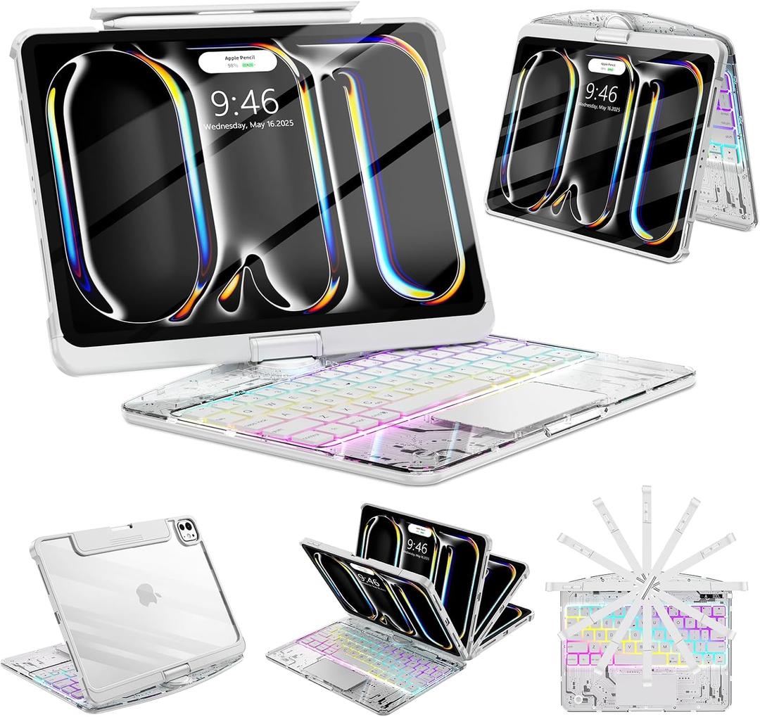 SIBEITU Keyboard Case for iPad Pro 11 Inch (M5 2025 / M4 2024), 360 Rotatable iPad Pro 11 Clear Cover with Multi-Touch Trackpad, 7-Color Backlight & 3 Brightness, High-Tech Visible PCB Design, White