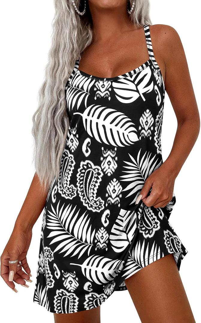 PRETTYGARDEN Women's Summer Dresses 2026 Casual Print Spaghetti Strap Sleeveless Sundress Beach Vacation Cover Ups (Medium, Black)