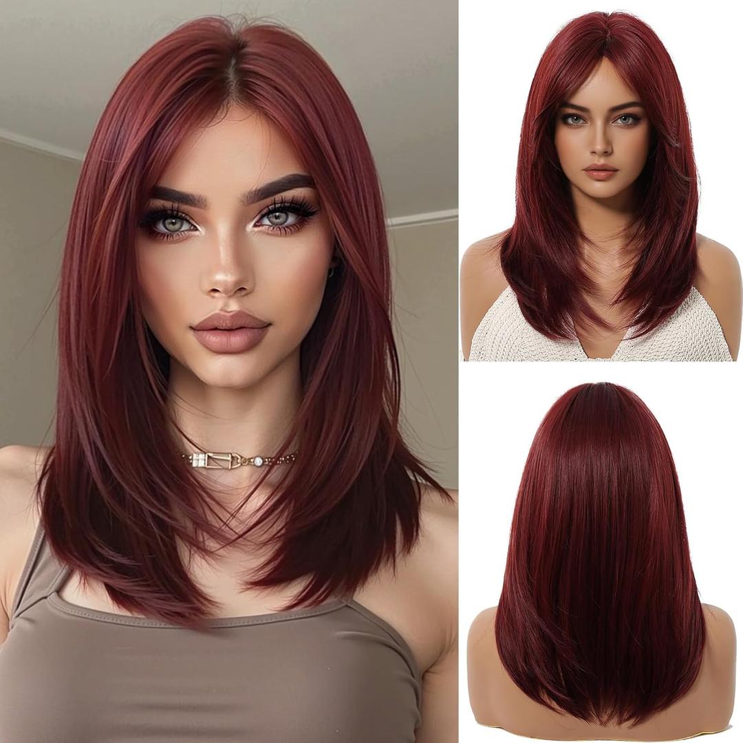 Wine Red Wigs for Women Medium Length Long Straight Wig with Curtain Bangs Synthetic Hair Heat Resistant Wigs for Everyday Party Cosplay Wear