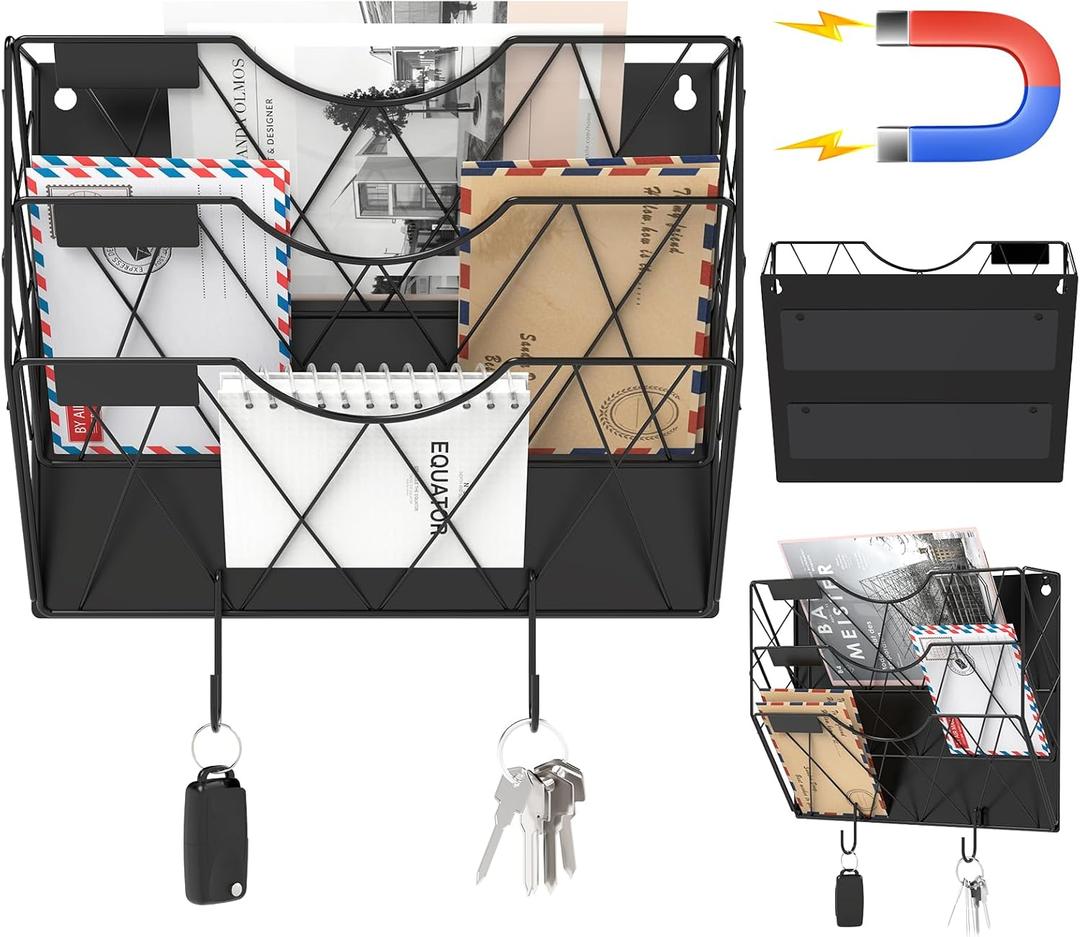 Magnetic File Holder for Refrigerator & Cabinets | No-Drill Wall Mount Organizer | 3-Tier Vertical Mail & Magazine Holder for Office/Home (Black, Space-Saving Design)