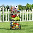 Sonyabecca Outdoor Toy Storage Basket, Play Kitchen Organizer with 5 S-Hooks,3 Tier Rolling Storage Cart Garage, Pantry Floor Snack Cart with Wheels, Toy Shelf Dog Storage Organizer Kids Bookshelf