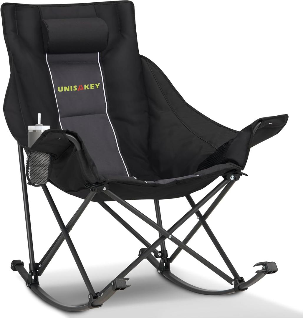 Oversized Rocking Camping Chair with Headrest & Cup Holder - 400lbs Capacity, 600D Oxford Fabric, Easy Fold Portable Outdoor Rocker Chair for Camping, Backyard, Beach, Deep Gray