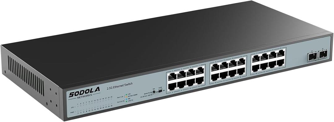 SODOLA 24 Port 2.5Gb Umanaged Switch, 24X2.5G Base-T Ports, 2X10G SFP, 160Gbps Switching Capacity, Port Isolation, / IU Rack-Mount/ Fanless/ Plug & Play Multi-Gig Unmanaged Ethernet Switch