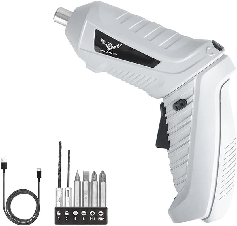 Gray Electric Screwdriver, 3.6V Cordless Screwdriver Rechargeable with 6pcs Screwdriver Bit Set, Front LED Light, Flexible Shaft, Micro USB, Carrying Case, Easy for Small Home Projects
