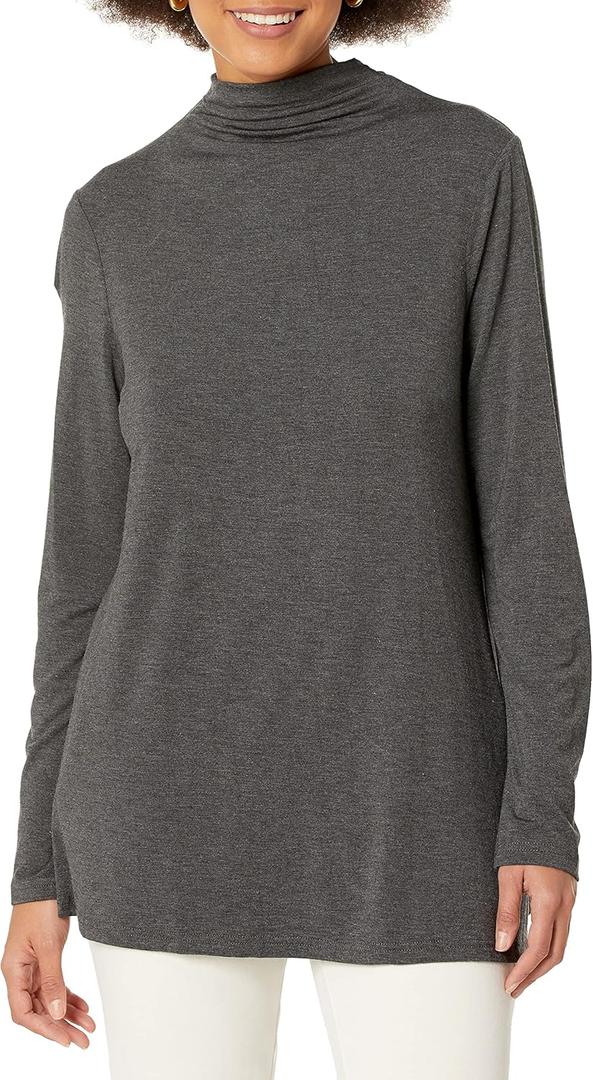 Amazon Essentials Women's Jersey Long-Sleeve Mock Neck Swing Tunic (Small, Charcoal Heather)