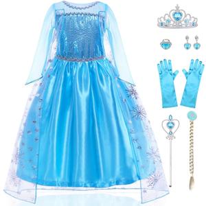 Girls Princess Dress Deluxe Princess Costume Birthday Party Snow Princess Dress Up for Girls Halloween Cosplay Fancy Dress with Accessories (3-4 Years, Bright Blue)