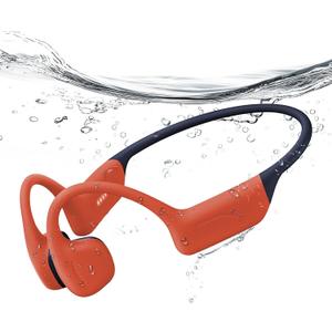 Full-Coverage Liquid Silicone Swimming Headphones, IP68 Waterproof Underwater Headphones, Bluetooth 6.0&MP3 with 32GB Memory Card, Soft/Skin-Comfortable Open Ear Bone Conduction Swim Earbuds(Carrot