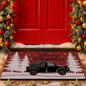 Lanpn Christmas Welcome Natural Coir Door Mat, Truck Lorry Large Coco Front Door Outdoor Doormat Outside Entrance Porch Non Slip Rubber Rug Winter Xmas Farmhouse Decor (Red, 36x24 inch)