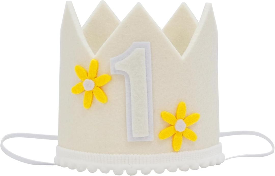 First Birthday Crown, Felt Party Hat with Yellow Daisies, White Number 1, Elastic Band
