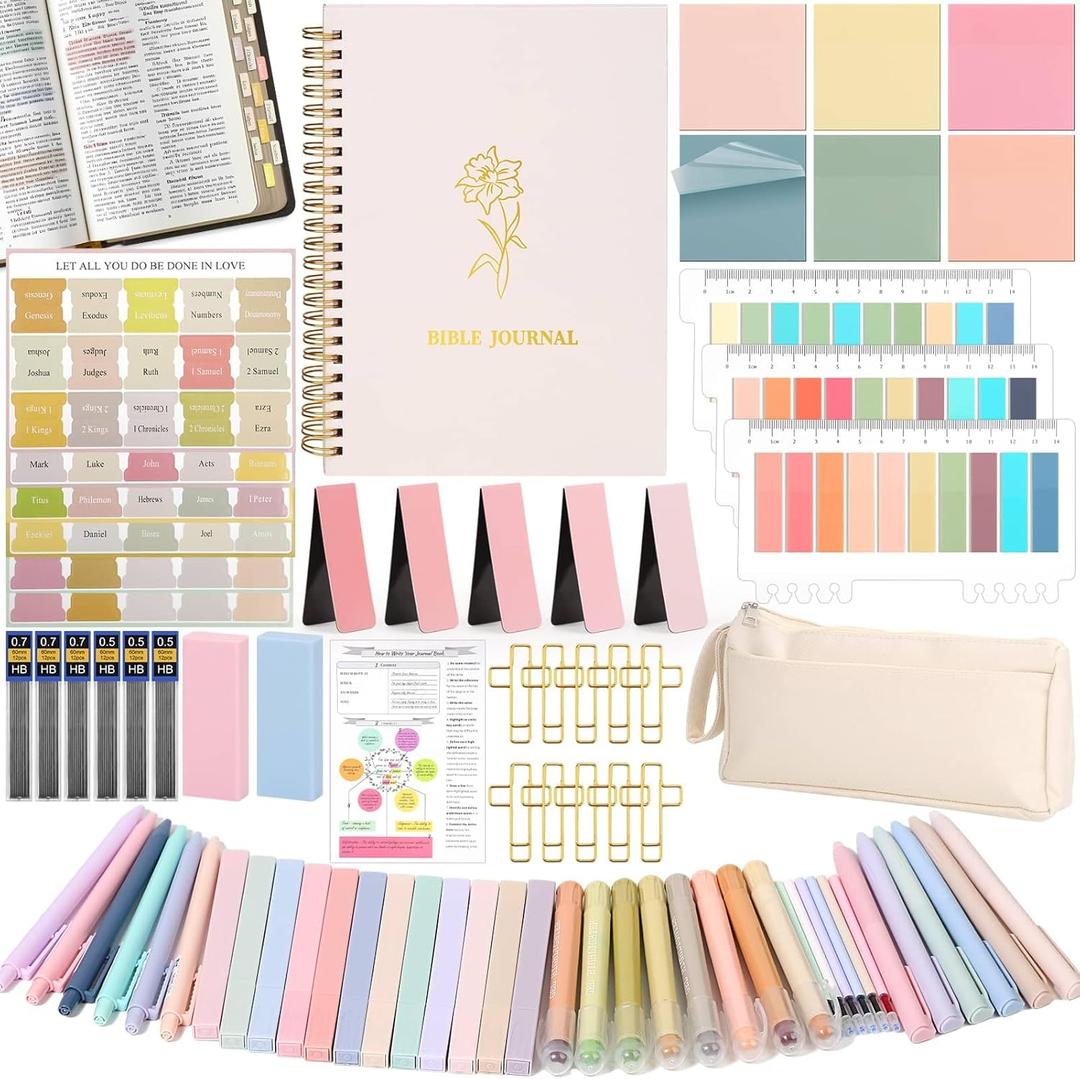 79 Pack Bible Study Supplies Journaling Kit for Women, Prayer Journal Note Taking Annotation Kit, Bible Tabs and Highlighters Set with Pencil Case and More Bible Study Tools (Multi)