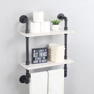 Bathroom Shelves,19.6in Rustic Wood Shelf with Towel Bar,2 Tier Farmhouse Towel Rack Over Toilet,Pipe Shelving Floating Shelves Towel Holder,Black & White