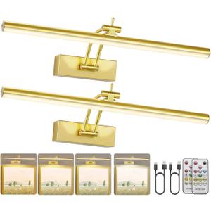 2 Pack Picture Light Battery Operated for Wall, 16" Wireless Art Lighting for Painting, 6 Colors Picture Frame Lights with Remote, Dimmable 5200mAh Gallery Light, Gold