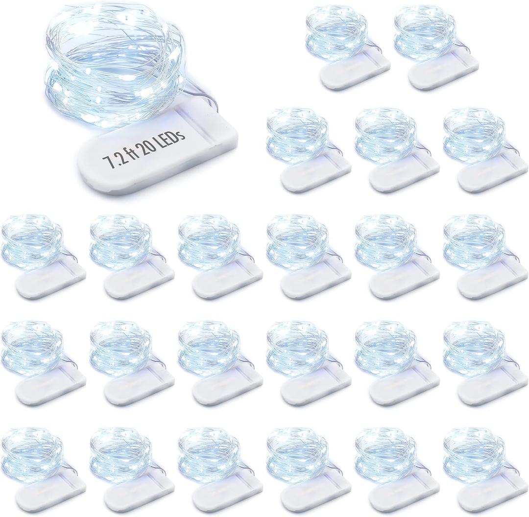 MUMUXI 24 Pack 7.2ft LED Fairy Lights Battery Operated, 20 Mini Battery Powered String Lights for Centerpiece Table Decorations, Wedding Party Bedroom Mason Jar Christmas, Cool White (7.2 Ft-24 Pack-20 LED)