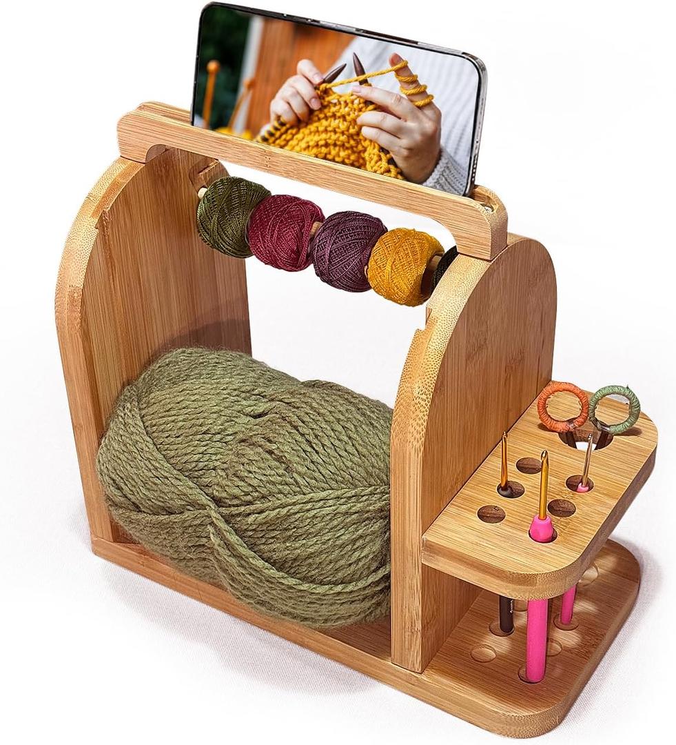Yarn Holder for Crochet Accessories Durable Bamboo Wood Knitting Accessories Yarn Storage Organizer with Built-in Phone Stand Tangle-Free Dual Rods and Tool Holder Works with Skein, Cake, Ball