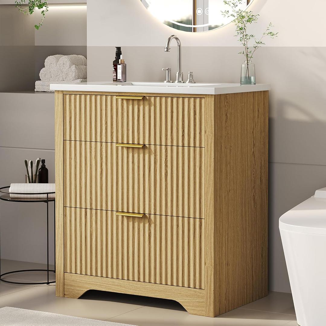 Garvee 24" Fluted Bathroom Vanity with Sink, Farmhouse Freestanding Bathroom Sink Cabinet with 2 Drawers & 1 Flip-Down Drawer, Easy Assembly & Cleaning, Natural Oak