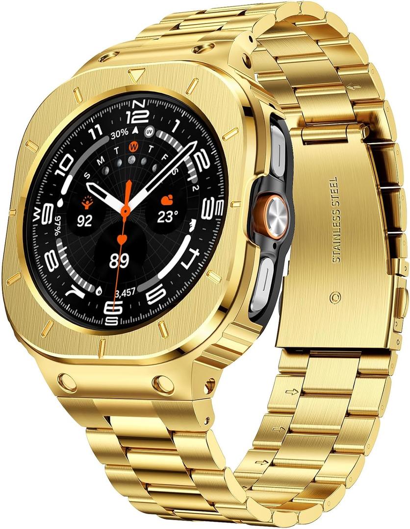 SUPLINK Stainless Steel Case and Band Compatible with Samsung Galaxy Watch Ultra Bands 47mm, Rugged Protective Case Bumper Metal Bands for Samsung Ultra Watch Band Men, Gold