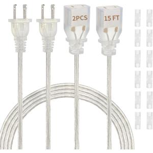 2 Pack 15 Ft Clear Extension Cord, UL-Certified Thin Extension Cord, 2 Prong Extension Cords, Male to Female Extension Cable 250V 10A, Indoor Extension Cords for Lighting