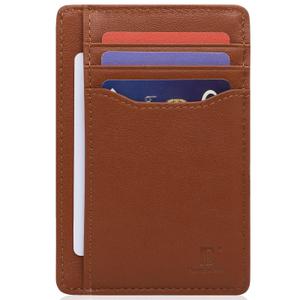 2 x Pomelo Best Top Grain Genuine Leather Slim Wallet for Men and Women, Minimalist Front Pocket RFID Blocking Card Holder for Travel, Gifts, Daily Use Brown