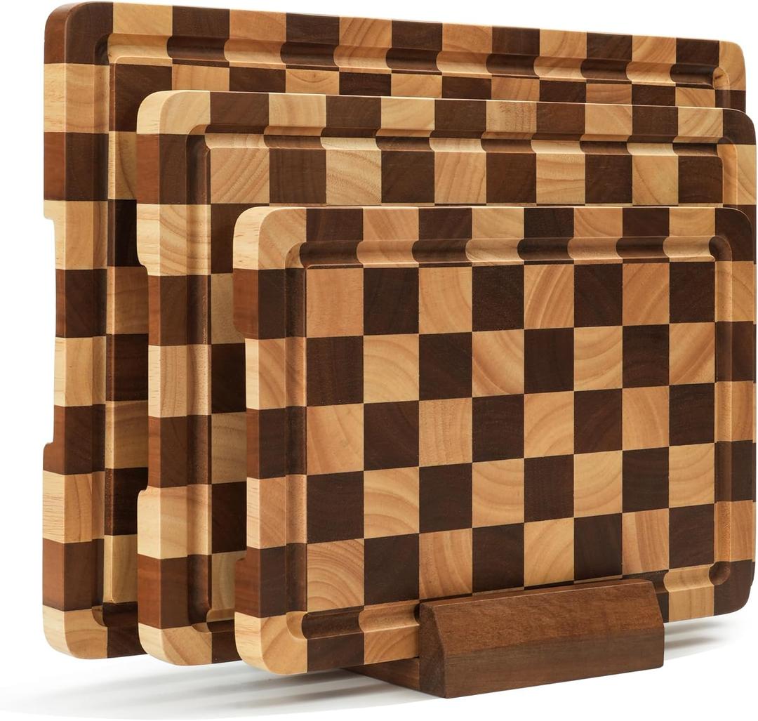 Checkered Cutting Board Set, 3-Piece Wood Checkerboard Cutting Boards for Kitchen with Stand, Chopping Board Set with Juice Groove & Handle for Meat, Vegetables, Cheese & Serving