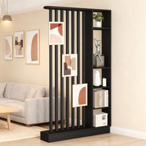 Wall Room Divider, Freestanding Wood Room Divider Shelf with Shelves, Divider Screen Separator Screen with Storage, Wall Divider for Room Separation, for Home Office (Black, 39.4x9.4x78.7in)