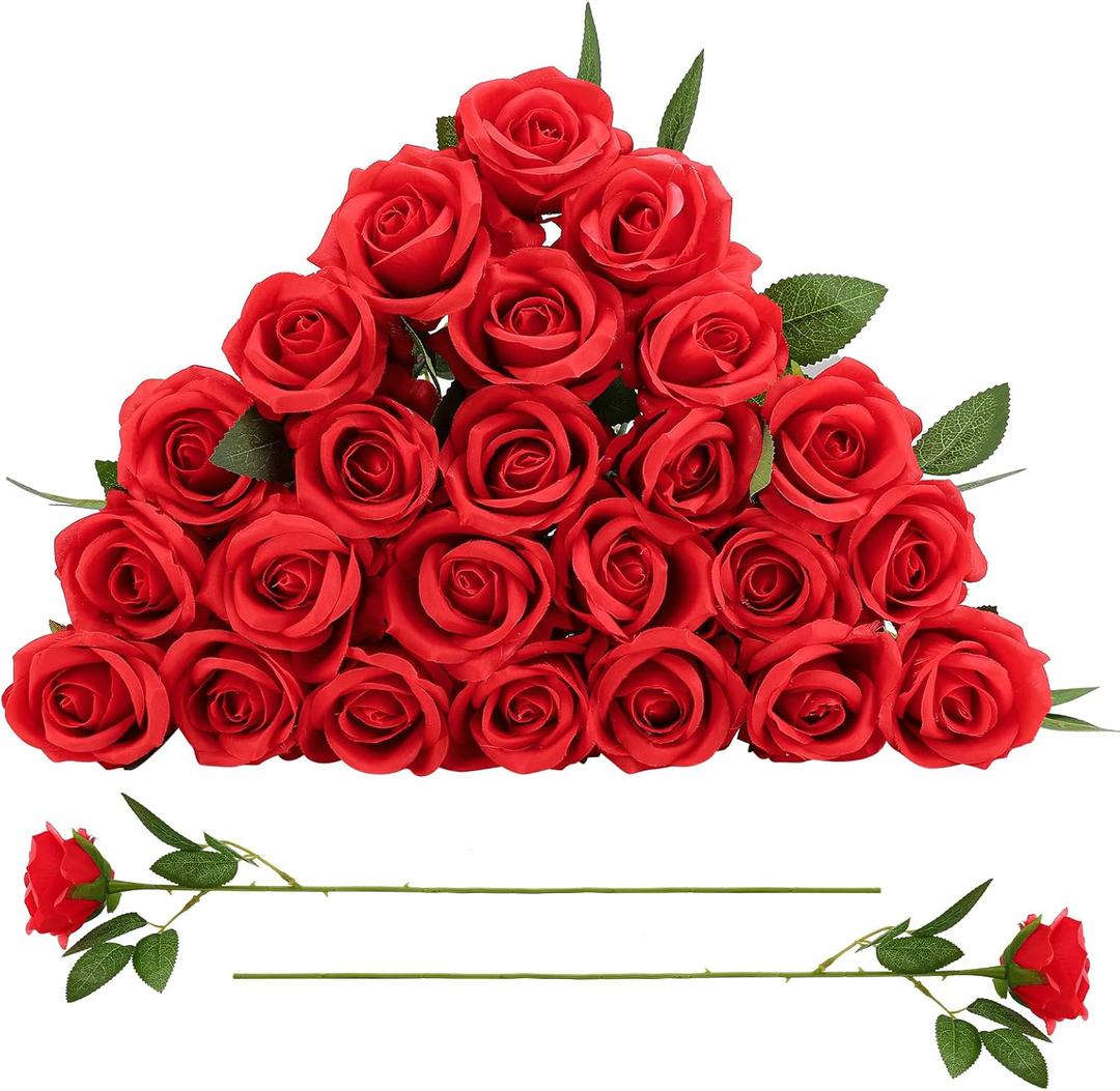 24 Pcs Red Rose Artificial Flowers with Long Stem Real Touch Silk Plastic Bouquet Red Roses Bulk for Wedding Party Table Centerpieces Festival Decorations