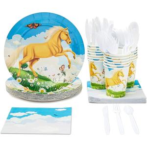 Juvale Horse Theme Party Supplies Tableware Set - 144-Piece Serves 24 White & Blue - Horse Party Plates & Napkins, Cups & Cutlery